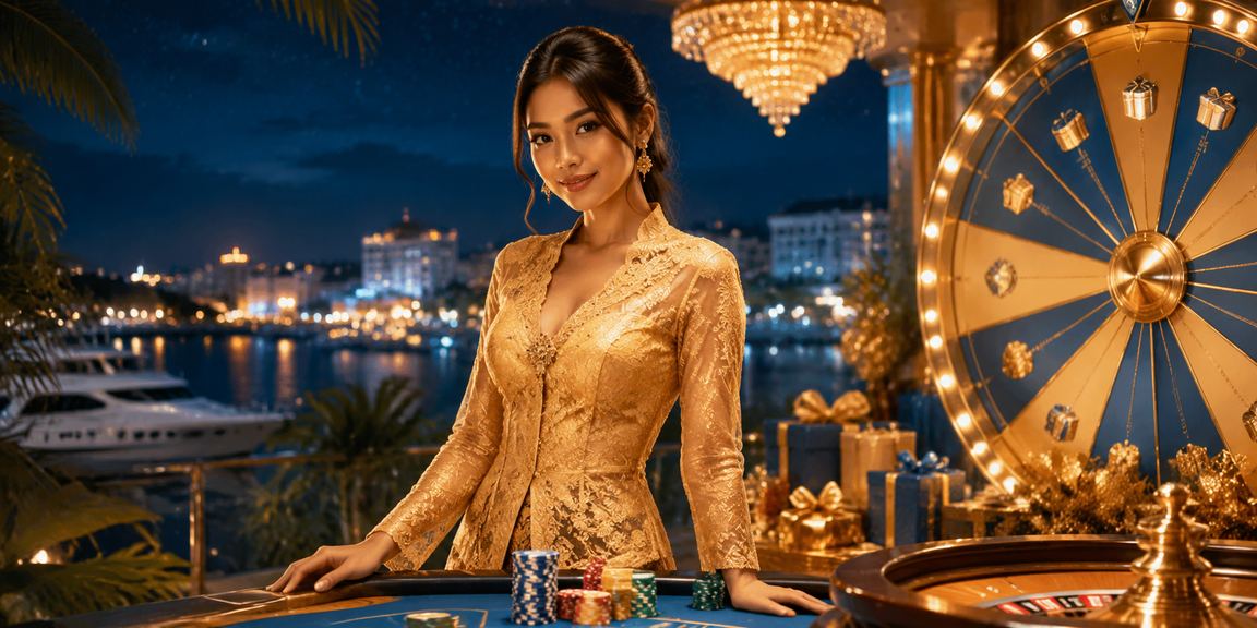 Wanita berbaju kebaya menyertai cabutan bertuah dan menyemak odds kemenangan dalam platform dalam talian