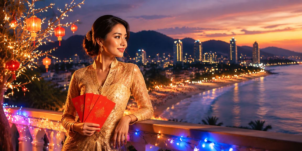 Wanita berbaju kebaya menerima angpow merah sempena promosi perayaan ets2 di Penang